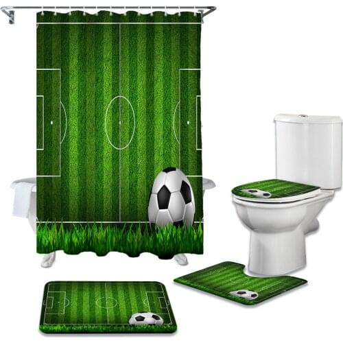 Soccer Football Game Gymnasium Shower Curtains Set Bath Mat Set Toilet Cover Waterproof Bathroom Shower Curtain and Rug Sets