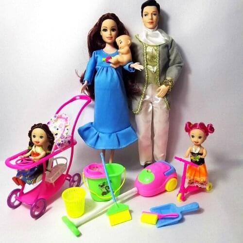 Family 5 People Dolls Suits 1 Mom /1 Dad /2 Little Kelly Girl /1 Baby Son/ Cleaning Tools Real Pregnant Doll Gifts Fashion Toys
