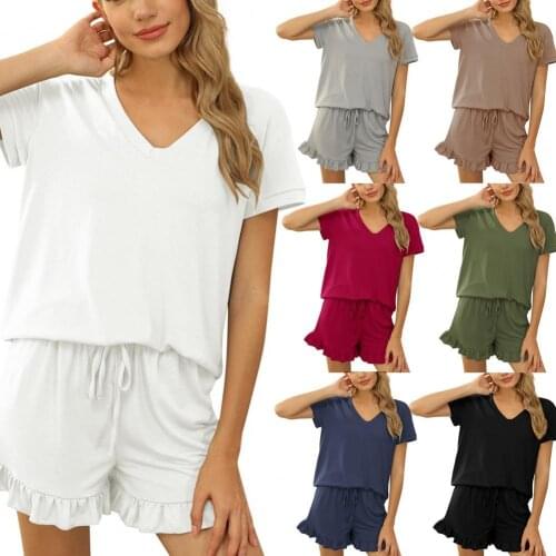 Summer Pajamas Set Women Pyjamas Sleepwear Nightwear V-neck Comfortable Women Short Sleeve Pajamas Sets for Home Clothing 2021