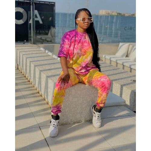 HHDMV 2020 fashion summer street casual style sets half sleeve round collar top elastic long pants printed two piece sets