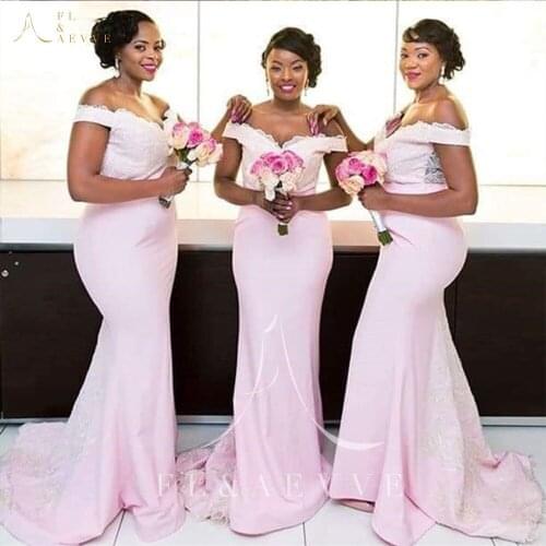 Fashion Pink Satin Mermaid Bridesmaid Dresses White Appliques Wedding Party Gowns Plus Size Women Occasion Dresses