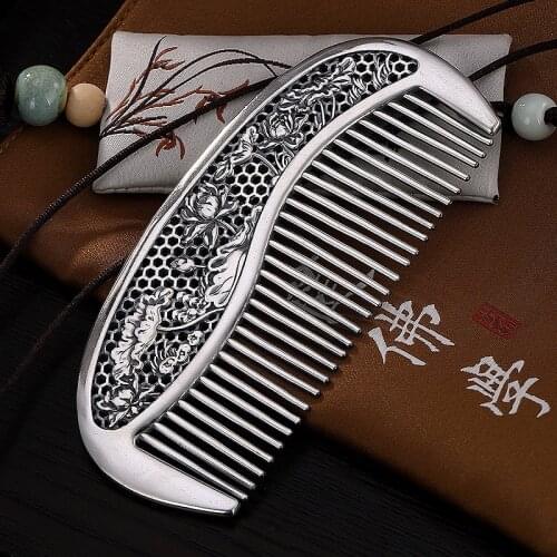 Pure 999 Sterling Silver Retro Hollow Lotus Leaf Silver Comb Personality Creative Hair Comb Send Girlfriend&mother Best Gifts