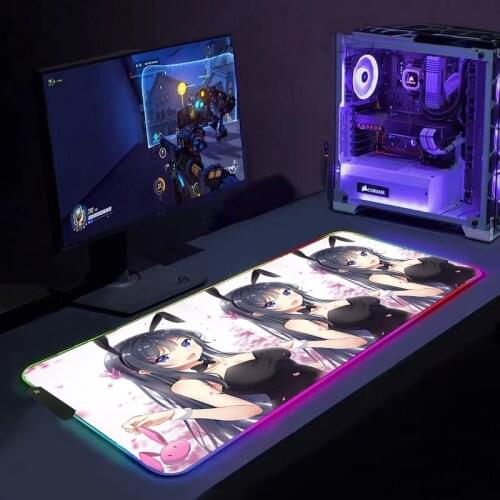 Speed Locking Edge RGB LED Rubber Mouse Pad Sakurajima Mai Waterproof Game Desk Mousepad Keyboard Mat for Backlit Dota Natural