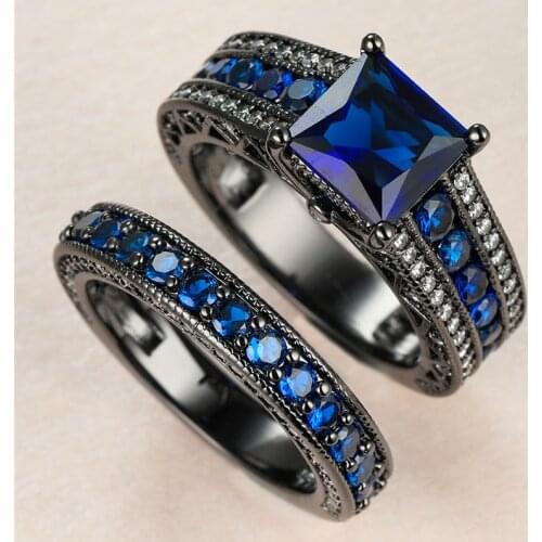 Luxury Female Blue Crystal Stone Ring Set Vintage 14KT Black Gold Wedding Rings For Women Promise Square Zircon Engagement Ring