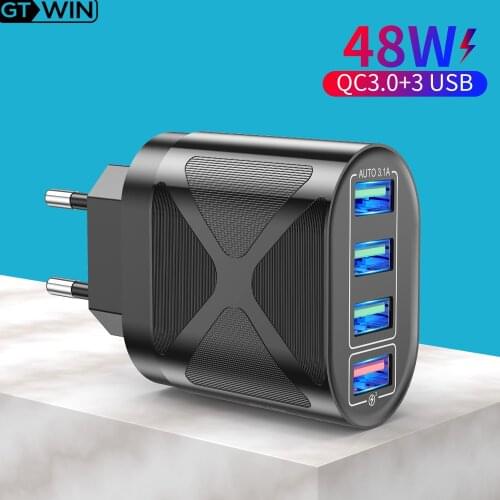 GTWIN EU/US Plug USB Charger 3A Quik Charge 3.0 Mobile Phone Charger For iPhone 11 Samsung Xiaomi 4 Port 48W Fast Wall Chargers