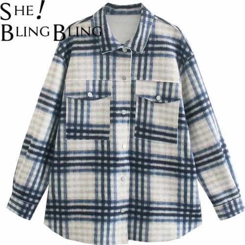 SheBlingBling Spring Autumn Temperament Checked Shirt Covered Button Chic Long Sleeve Women Loose Blouses Female Plaid Tops