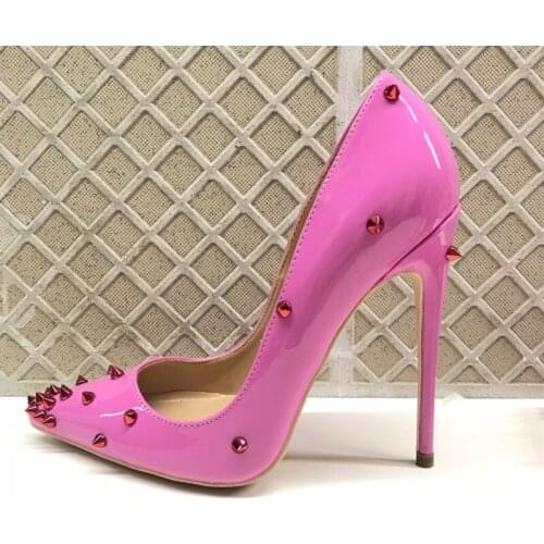 Fashion Rose Pink Patent Leather Rivets Stiletto Heels Pumps Shallow Spikes Pointed Toe Party Dress Shoes 12CM Size 45