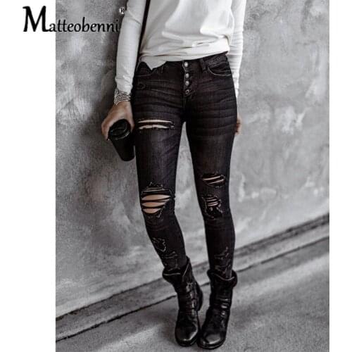 Slim Jeans for Women New Fashion 2020 Summer Faded Ripped Skinny Denim Jeans Sexy Hole Jeans Black High Waist Pencil Jeans