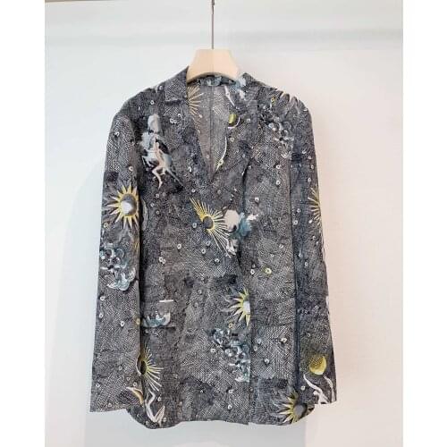 High-quality 2021 new ladies fashion long-sleeved lapel star printed pattern silk suit 0313