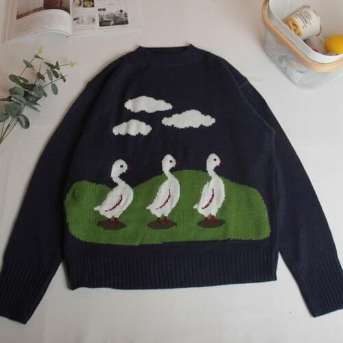 Japanese Childlike Girl Duck Jacquard Pullover Sweater College Loose Knitted Sweater Women Harajuku New Womens Sweaters