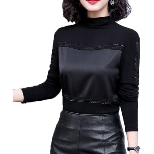 Black Tops For Women Tshirts 2020 Autumn Winter New Femme Clothes Long Sleeve Pu Stitch T Shirt W1214