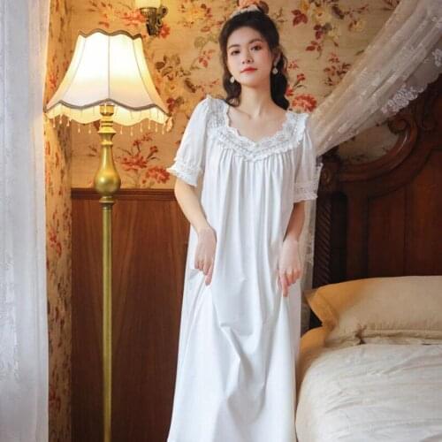 2021 Summer nightdress for woman white Princess Dressing Gown Round Neck Long Dress Short Sleeve elegant Lace home wear FG358