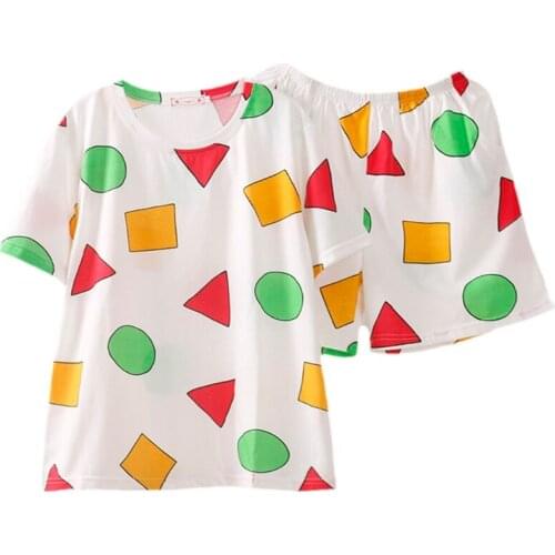 2021 New Women Summer 2pcs Pajamas Set Short Sleeve Crew Neck Pullover Sleepwear Colorful Geometry Pattern Loose Lounge Homewear