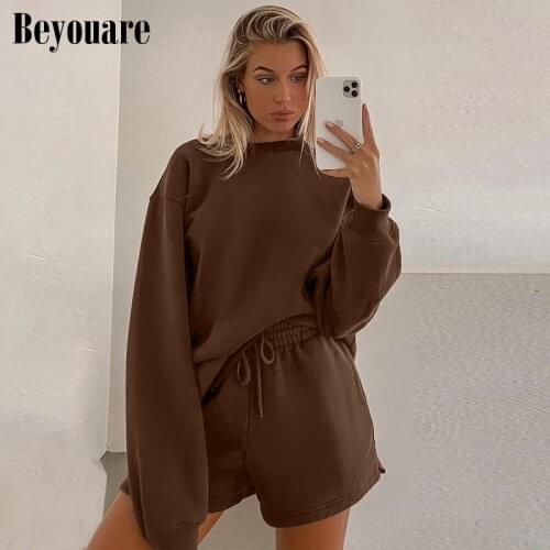Beyouare Casual Women Shorts Set Tracksuits Oversize Pullover Sweatshirts Cotton Autumn Two Piece Set Solid 2021 Basic 2 Pieces