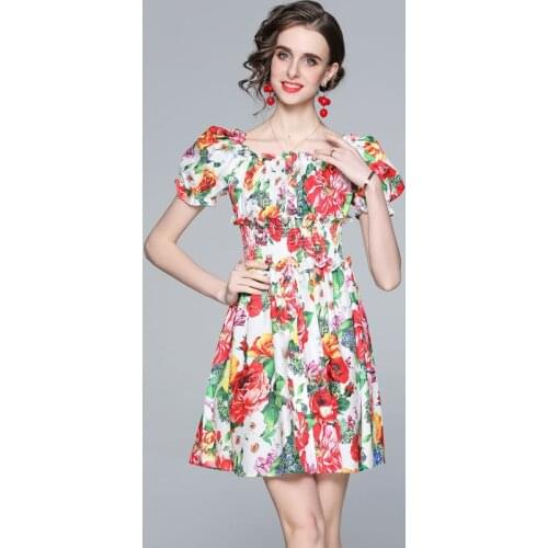 Diamonds Flower Buttons Runway Summer Dress For Women Elastic Waist Puff Short Sleeve Vacation Ruffles Mini Short Dresses Woman