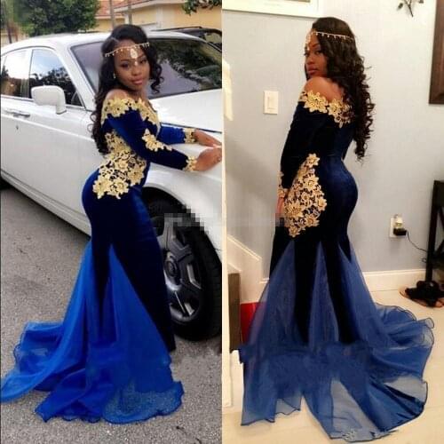 2019 New South Africa Long Sleeves lace Prom Dresses Elegant Boat Neck Floor Length Mermaid Royal Blue Velvet Evening Gowns