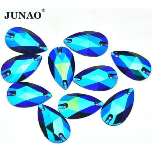 JUNAO 20Pcs 17*28mm Blue AB Sewing Drop Rhinestone Flat Back Strass Crystal Stones Sew On Resin Stones Applique for Colthes