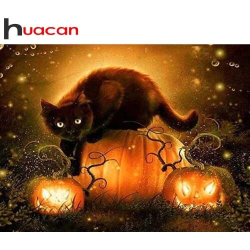 Huacan Diamond Painting Full Square Cat DIY 5D Diamond Mosaic Embroidery Halloween Picture Of Rhinestones Home Decor