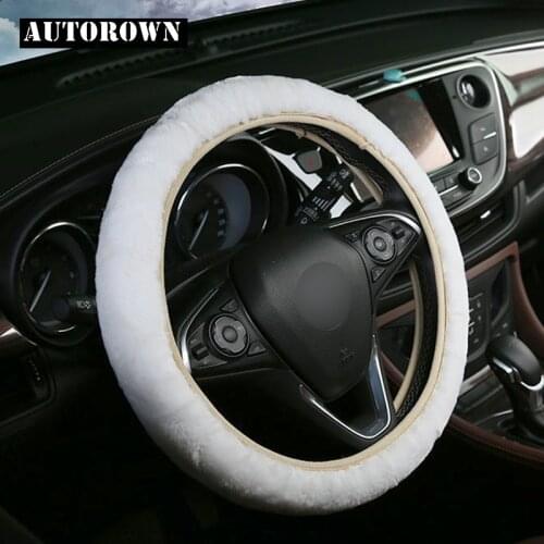 AUTOROWN Faux Fur Steering-wheel Car Covers Soft And Comfortable Universal Cover Genuine Leather Black Beige Gray Yellow White