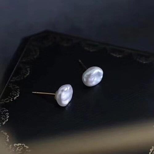 Free shipping simple women earring jewelry irregular odd shape real pearl natural cream safe 925 sterling silver stud girl