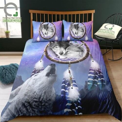 BOMCOM 3D Digital Printing Bedding Set Native-American Design Wolf Dream Catcher Howling Wolf Duvet Cover Sets 100% Microfiber