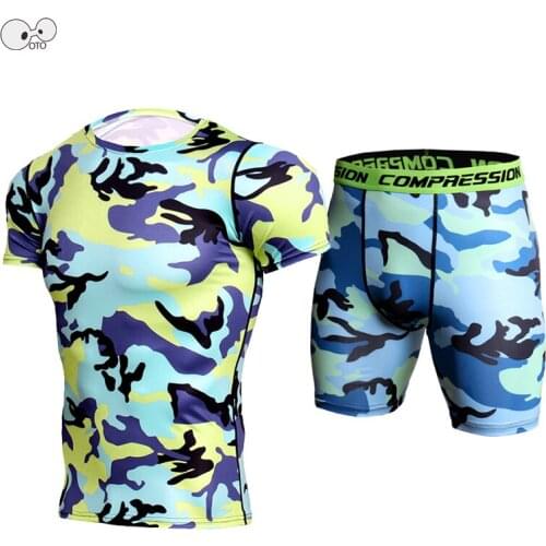 Quick Dry Summer Mens Running Sets Short Camouflage Compression Sport Suits Gym Fitness Training Tracksuits Sportswear Clothing