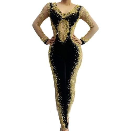 Black Gold Rhinestone Stretch Jumpsuit Backless Women Bodysuit Acrobatic Dance Stage Costume Festival Rave Outfits XS2279
