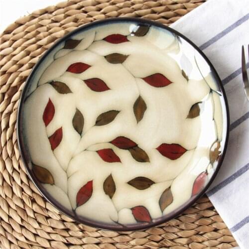 EECAMAIL Creative Personality Retro Japanese-style Household Tableware Kiln Underglaze Color Leaf Flat Plate Western Steak Plate