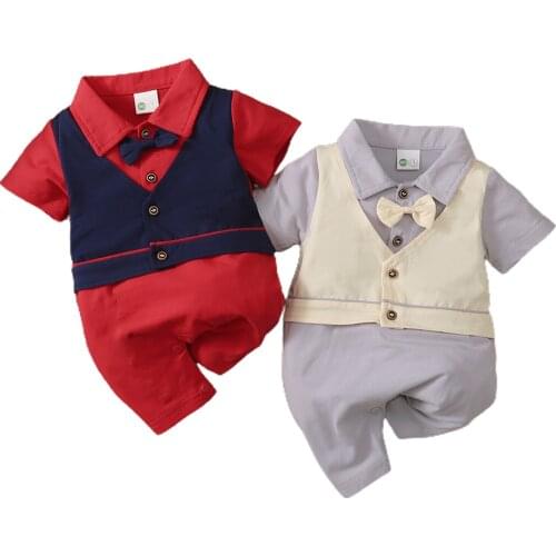 FOCUSNORM Newborn Baby Boys Gentleman Romper Bow Patchwork Short Sleeve Turn Down Collar Jumpsuits 2 Color