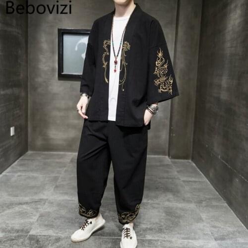Summer Traditional Chinese Clothing Style Orient Tang Hanfu for Men Sets 4XL 5XL Cotton Linen Embroidery Kimono Daopao Robe Suit