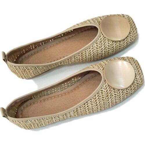 Summer Breathable Woven Square Toe Single Shoes Female Shallow Mouth Flat Soft Sole Grandma Shoes Retro Style Round Buckle