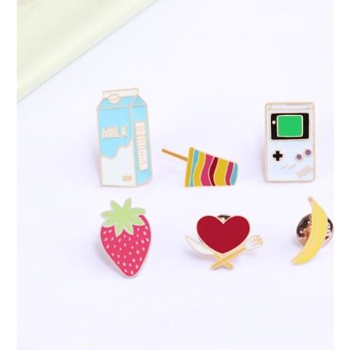Fashion Brooches Game Machine Milk Strawberry Heart Ice Cream Enamel Badge Pins Women Sweater Jackets Accessories Girls Jewelry