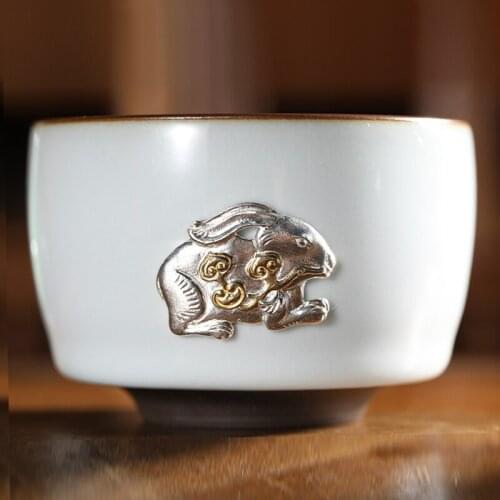 Guanfu museum official glaze pure silver gilded Master Cup single cup Jingdezhen handmade tea cup for men
