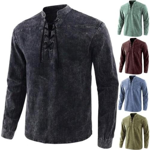 Men Shirt Solid Color Lace Up Vintage Stand Collar Long Sleeve Top for Dating