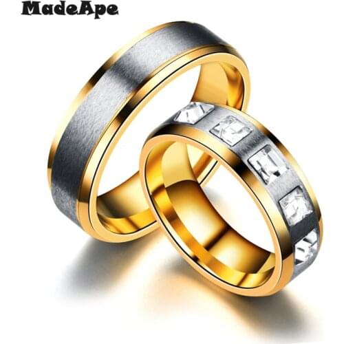 MadApe Trendy CZ Couple Wedding Ring Gold-color Lovers Engagement Ring Stainless Steel Wedding Bands