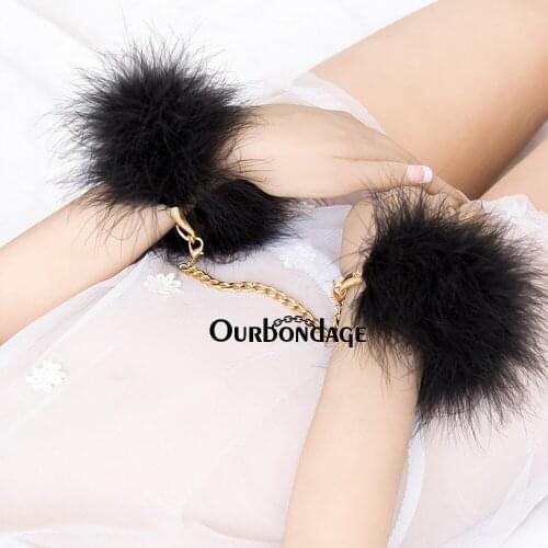Ourbondage 2 Color Chains Fetish Bundle Bondage Flirting Black Feather Handcuffs For Adult Beginner Sex Toy