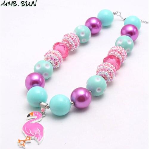 MHS.SUN Cute Flamingo Pendants Girls Chunky Beads Necklace Fashion Child Bubblegum Necklace Kids Toddler Chunky Party Jewelry