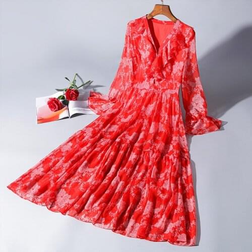 Splicing neck New V printing emulation silk dress spring fine temperament full ed dress couture dress fashion