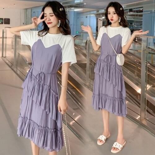 Cake dress plus size Mid-length section loose cover belly thin O-neck Short sleeve splice fake two fashionable dresses D230