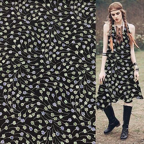 Silk crepe de chine silk fabric mini green blue floral on black bottom,SCDC1012