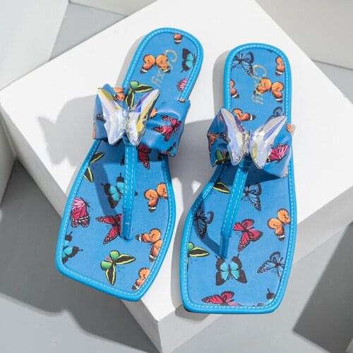 New Summer Women Slippers Fashion Butterfly Print Flip Flops Shiny Rhinestone Women Sandals Plus Size 42 Slides Outdoor Shoes