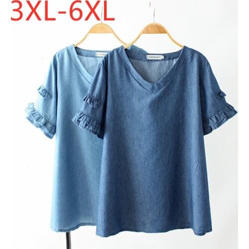 New 2021 Ladies Summer Plus Size Tops For Women Large Short Sleeve Loose Cotton Blue Denim V-neck T-Shirt 3XL 4XL 5XL 6XL