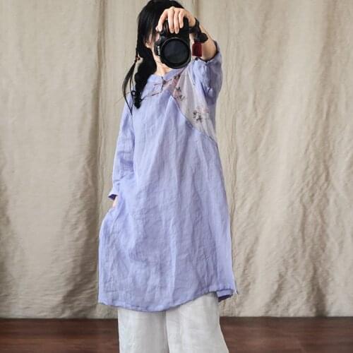 Women Loose Patchwork Ramie Blouse Long Tops Ladies Vintage Shirt Female 2021 Tops Summer