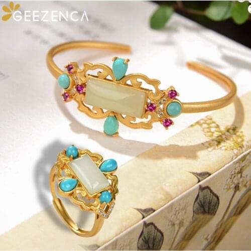 GEEZENCA 925 Sterling Silver Gold Plated Square Jade Turquoise Cuff Bracelet Bangle Ring For Women Vintage Luxury Jewelry Sets