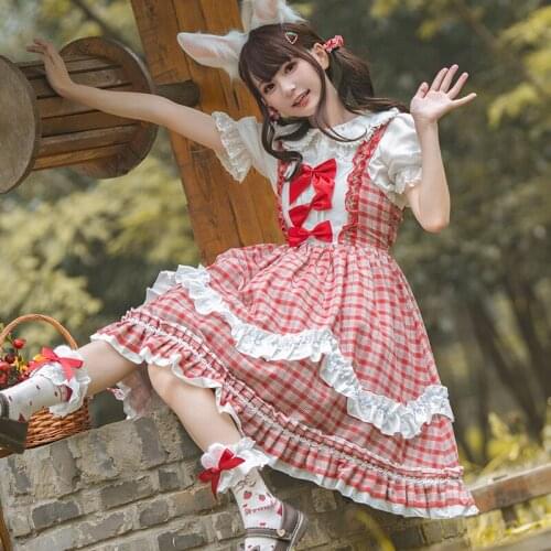 Women Maid Outfit Anime Cute Pink White Apron Lolita Jsk Dresses Cosplay Costume Sleeveless Peter Pan Collar Kawaii Cute Girls