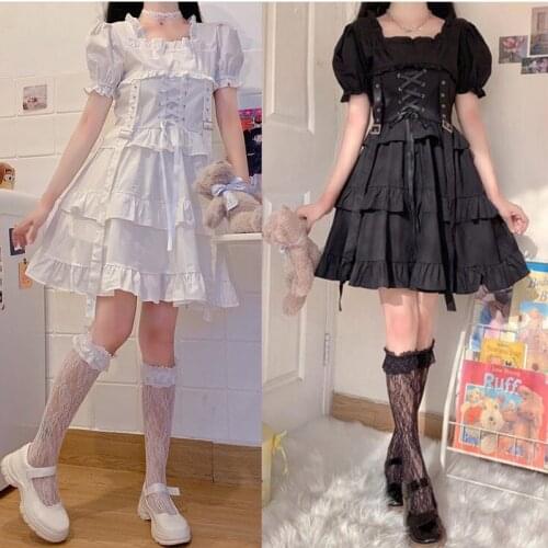 Lovely Prairie Chic Style Lolita Gothic Dresses Women Girl Lace Puff Sleeve Ruffles Knee-Length A-Line Dresses