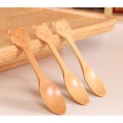 100pcs Wooden Spoon Cartoon Cat Pig Bear Shaped Handmade Coffer Tea Mixing Tableware Cake Ice Cream Dessert Spoon