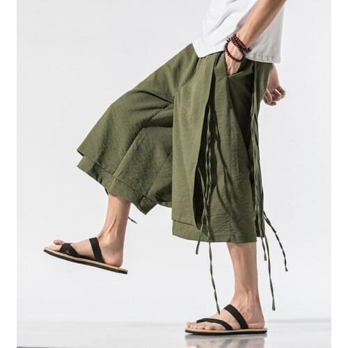 5 Colors Elastic Waist Japanese Style Hip Hop Wide Leg Pants M-3XL Summer Streetwear Capri Pants Men Fahion Clothing XXXL