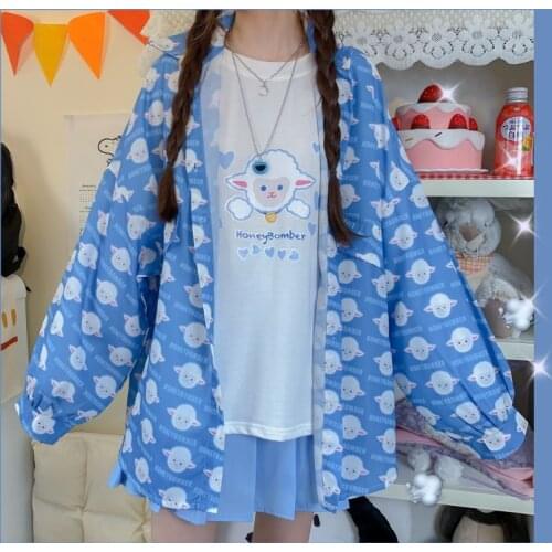Deeptown Korean Kawaii Shirt Women Long Sleeve Cute Tops Button Up Shirt for Teen Girls Harajuku Funny Sheep Printed Cardigan