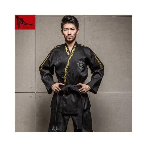 Martial Arts TKD Tae Kwon Do Korea V-neck Taekwondo Dobok Dragon embroidery WTF Uniform,160-190cm Black And White